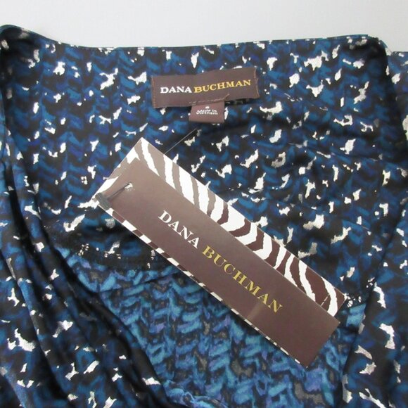 Dana Buchman Blouse Sz Small Blue Black Silver Metallic Draped Neckline Long Sle - Picture 4 of 10